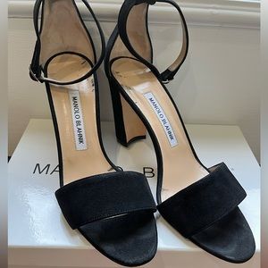 Manolo Blahnik Laurato Suede Black Chunky Heel Sandal